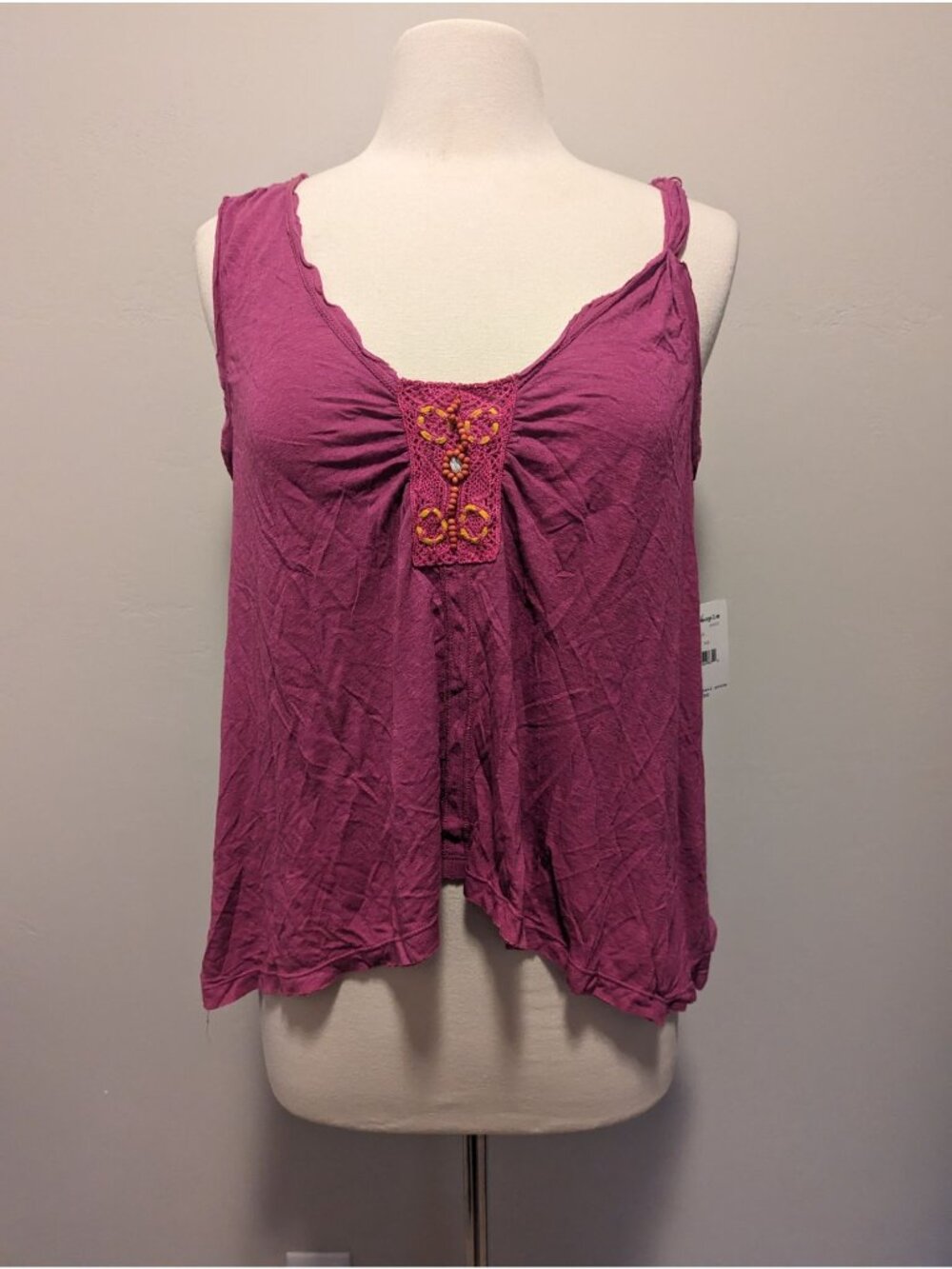 Free People Pink Sleeveless Tank Top With Embroidered Detail XS